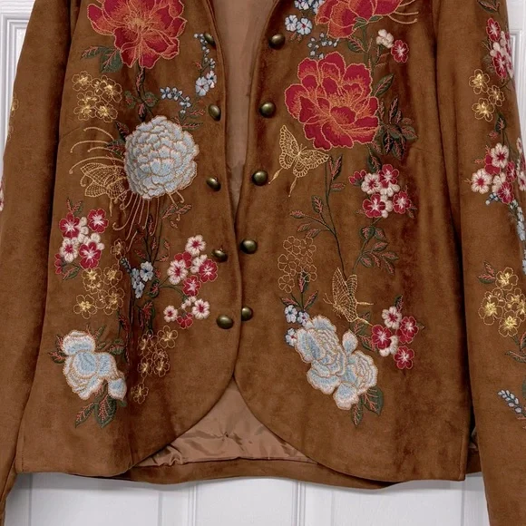 Savanna Jane Heavily Embroidered Open Front Brown Jacket Sz L - Picture 3 of 4